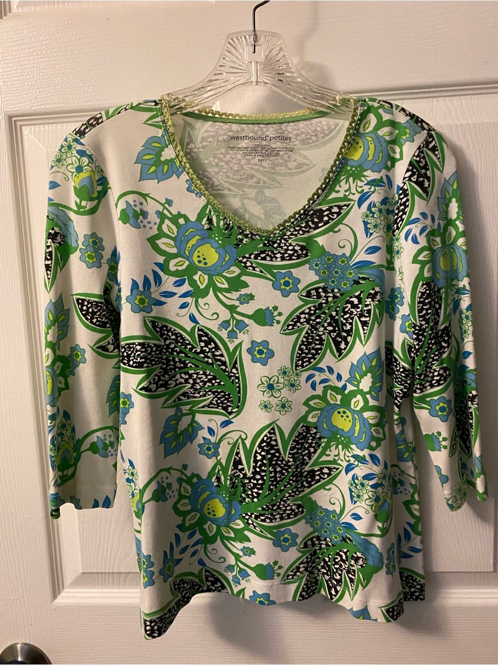 Westbound Shirt. 3/4 sleeve — Green & Blue Paisley Print Petite Medium